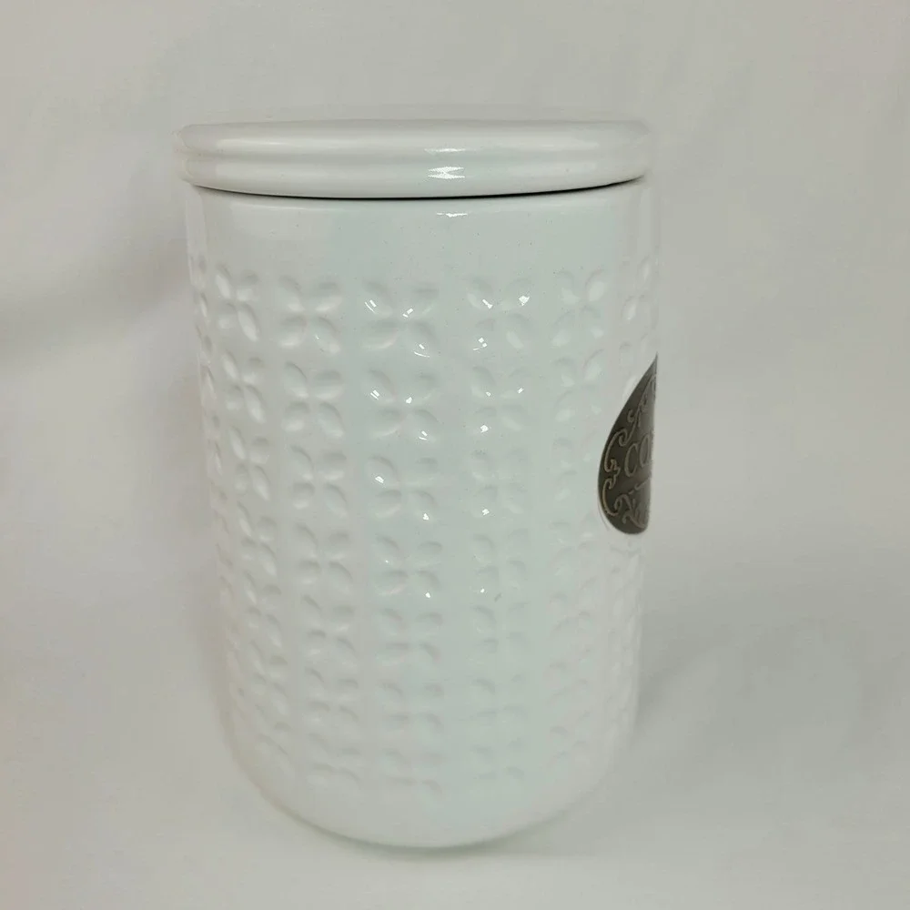 THL White Ceramic Coffee Canister Embossed Quatrefoil Brass Plaque Farmhouse